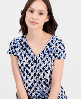 Petite Printed Keyhole Cap-Sleeve Top