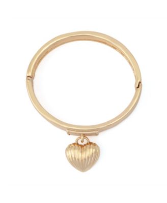 Gold Fluted Heart Charm Bangle Bracelet