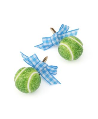 Green Gingham Bow Tennis Ball Drop Earrings