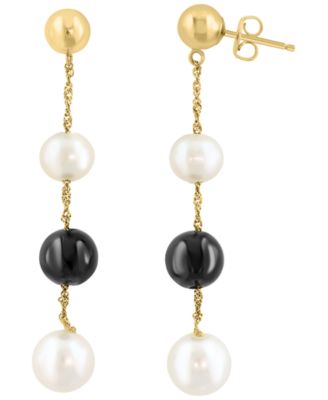 Freshwater Pearl & Onyx Earrings in 14k Yellow Gold