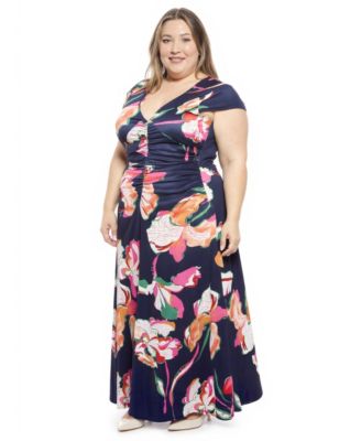 Plus Size Floral Cap-Sleeve Ruched Front Dress