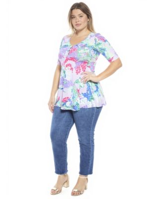 Plus Size Abstract V-Neck Elbow Sleeve Henley Tunic Top