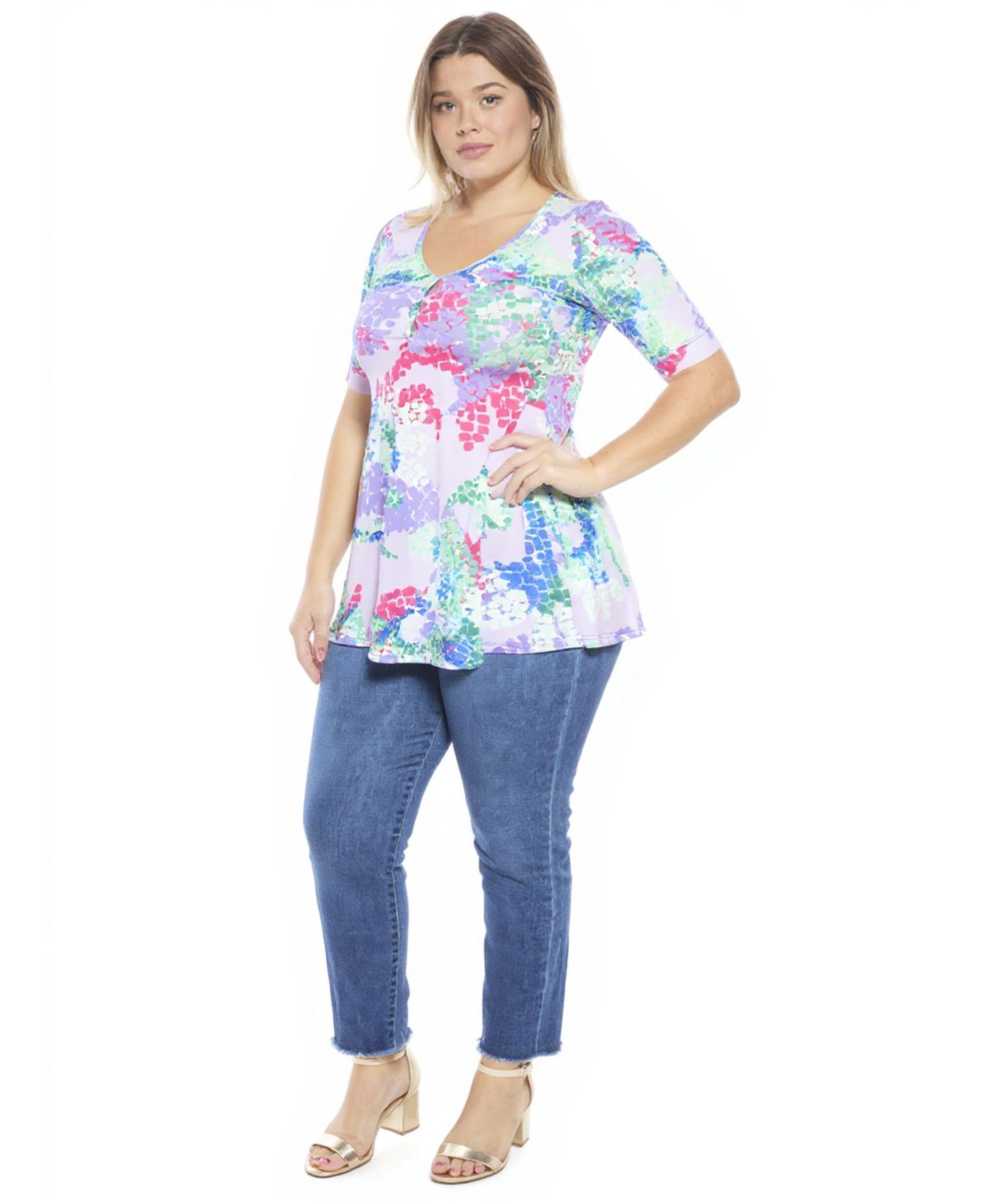 Женский топ 24seven Comfort Apparel Plus Size Abstract V-Neck Elbow Sleeve Henley Tunic Top, цвет: Синий разноцветный — фото 3