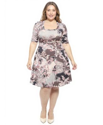 Plus Size Paisley Scoop Neck Elbow Sleeve Dress