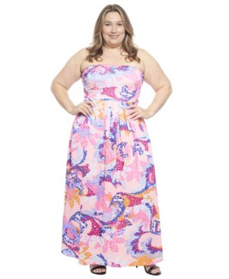 Plus Size Abstract Strapless Pocket Maxi Dress