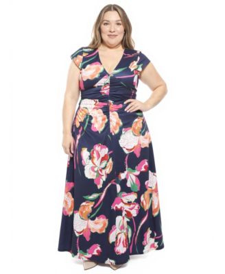 Plus Size Floral Cap-Sleeve Ruched Front Dress