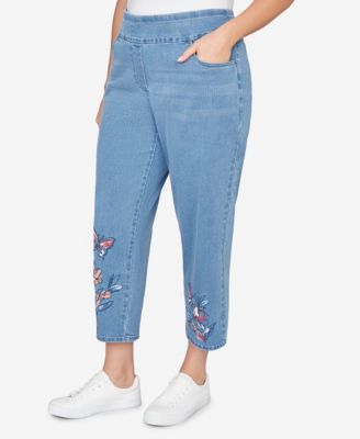 Plus Size Austin Butterfly Floral Printed Super Stretch Denim Ankle Pants