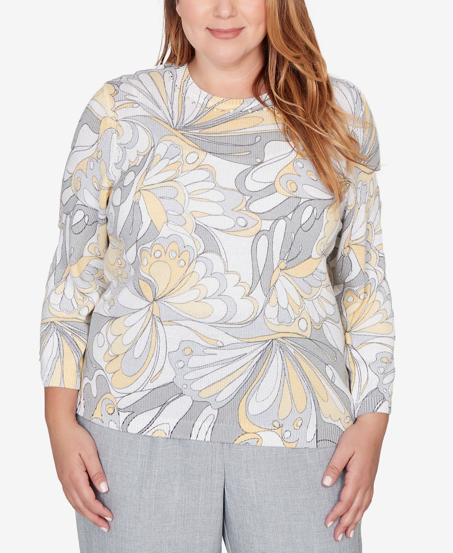 Plus Size Al Fresco Abstract Butterfly Ribbed Crew Neck Sweater
