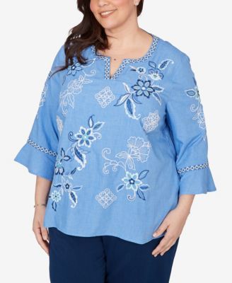 Plus Size Mykonos Floral Textured Embroidered Split Neck Top