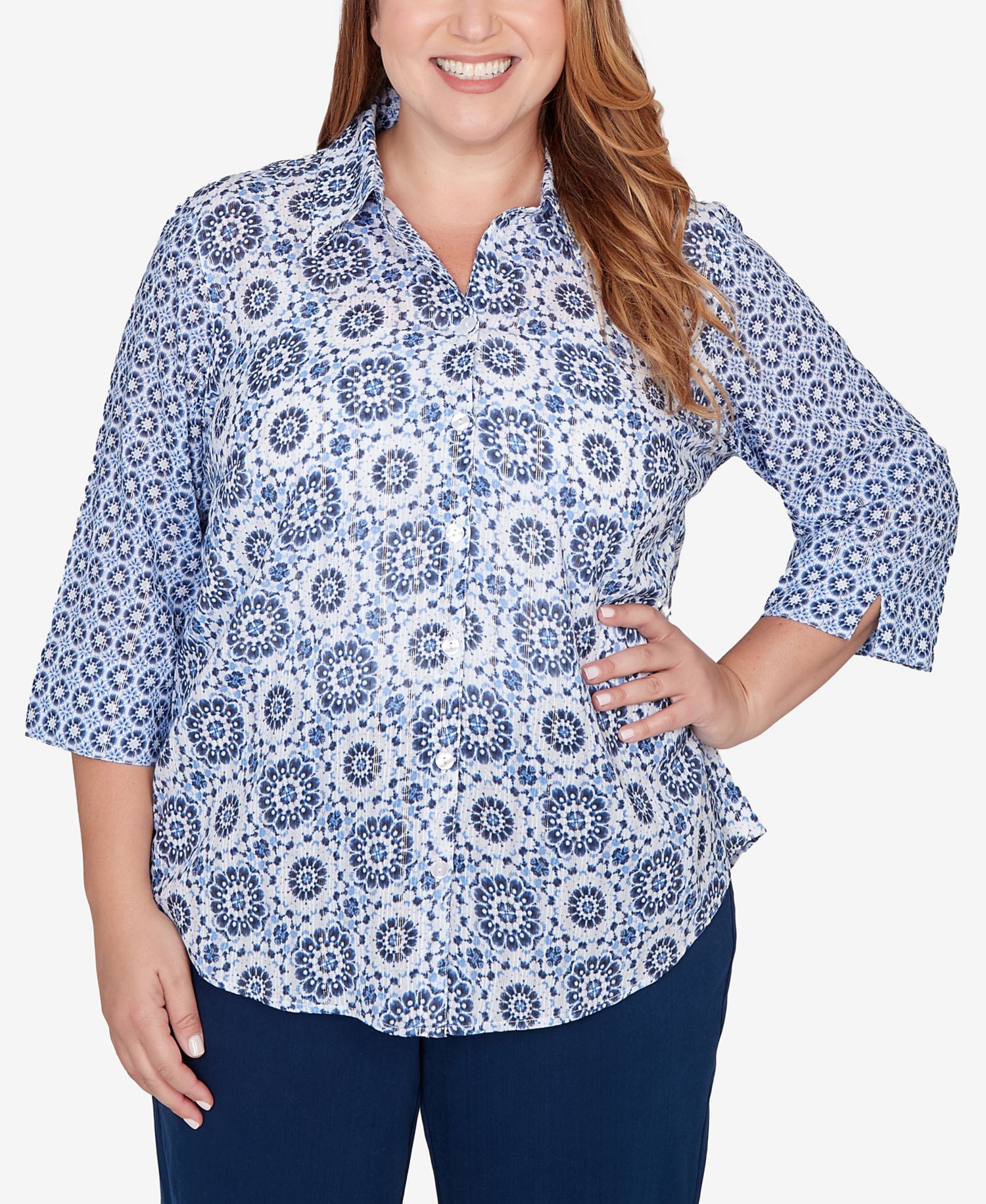 Plus Size Mykonos Geometric Button-Front Closure Collared Top