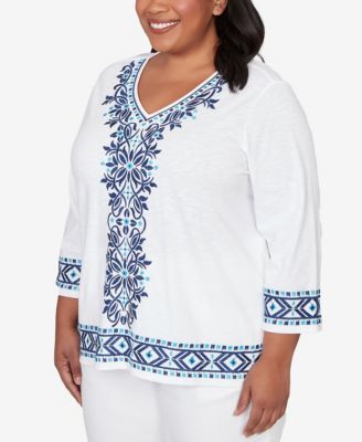 Plus Size Mykonos Scroll Embroidered V Neck Top