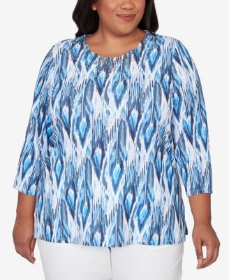 Plus Size Mykonos Ikat Embellished Neck Top