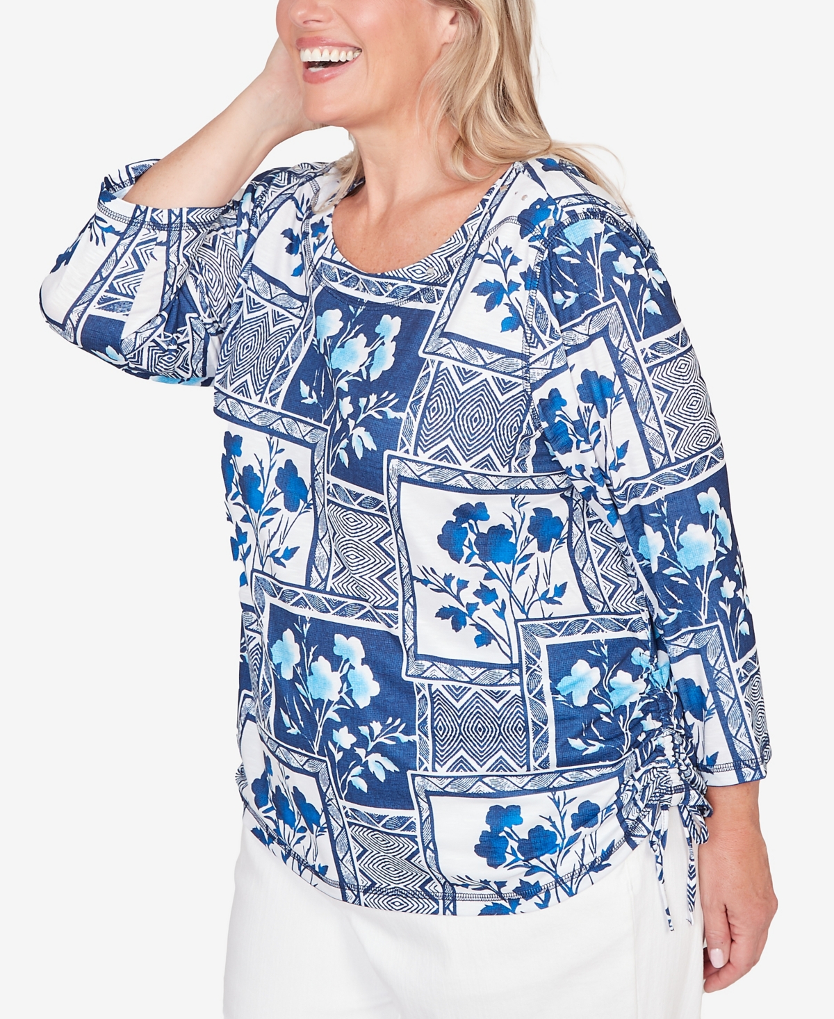 Alfred Dunner Plus Mykonos Framed Floral Ruched Side Tie Top