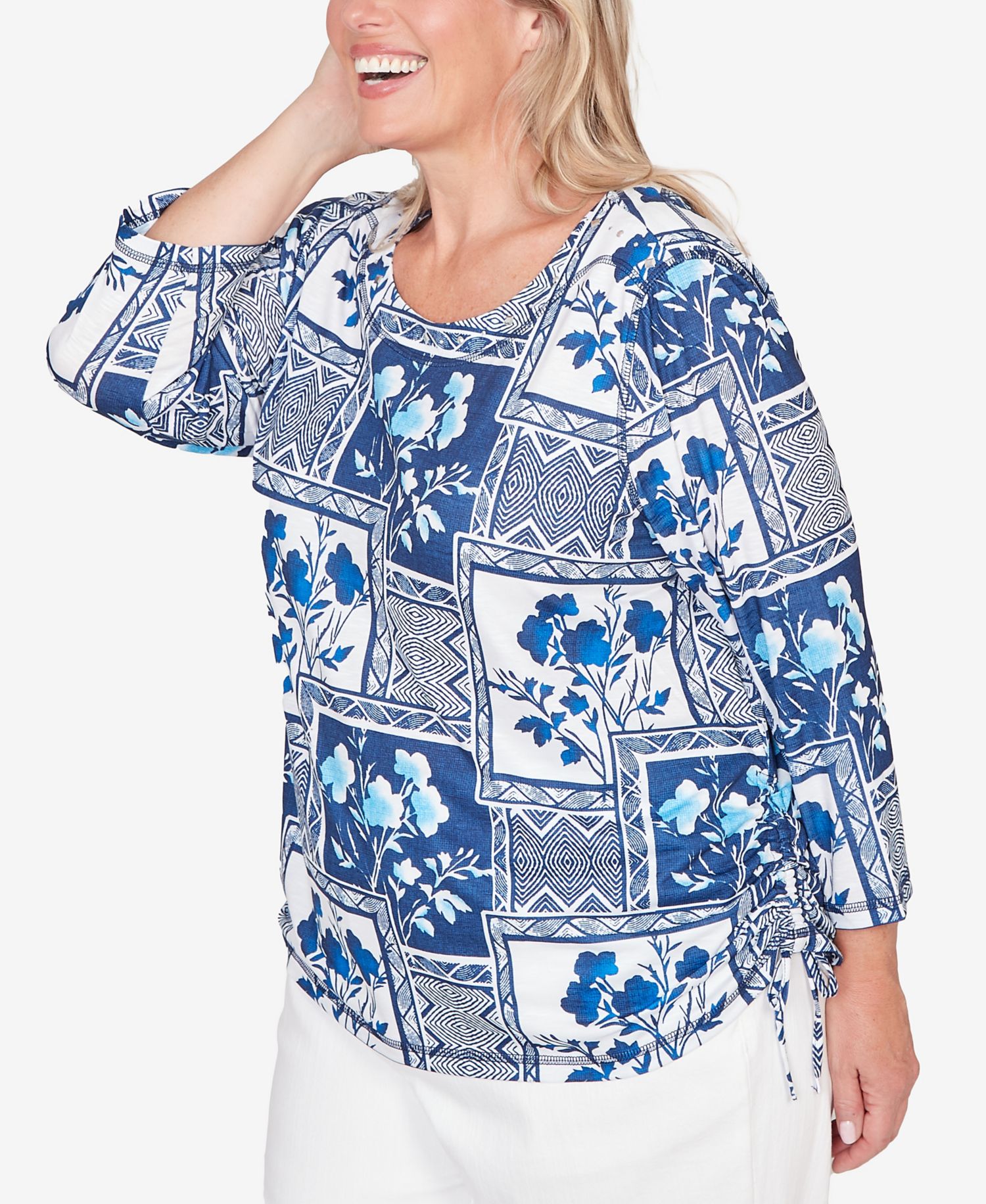 Plus Size Mykonos Framed Floral Ruched Side Tie Top