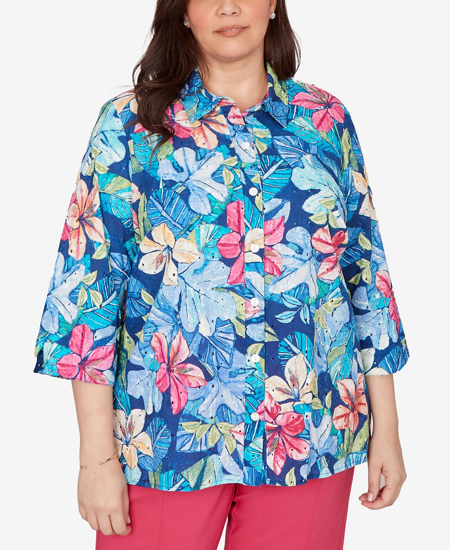 Plus Size The Royal Treatment Tropical Eyelet Button Down Top