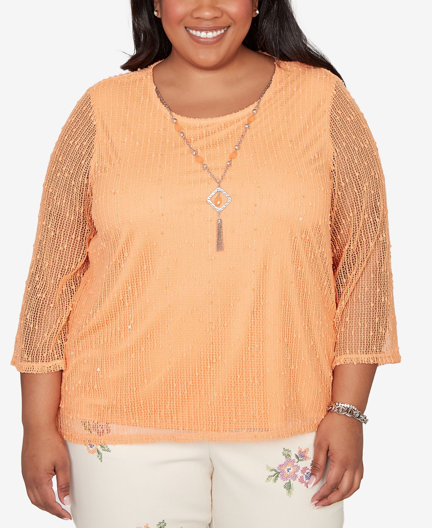 Plus Size Beachcomber Bright Popcorn Mesh Top with Necklace