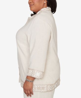 Plus Size Natural Wonder Embellished Crochet Trim Linen Jacket