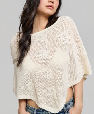 Women's Pointelle Cropped Sweater Poncho