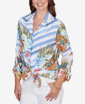 Petite Picnic Print Poplin Tied Snap Front Top