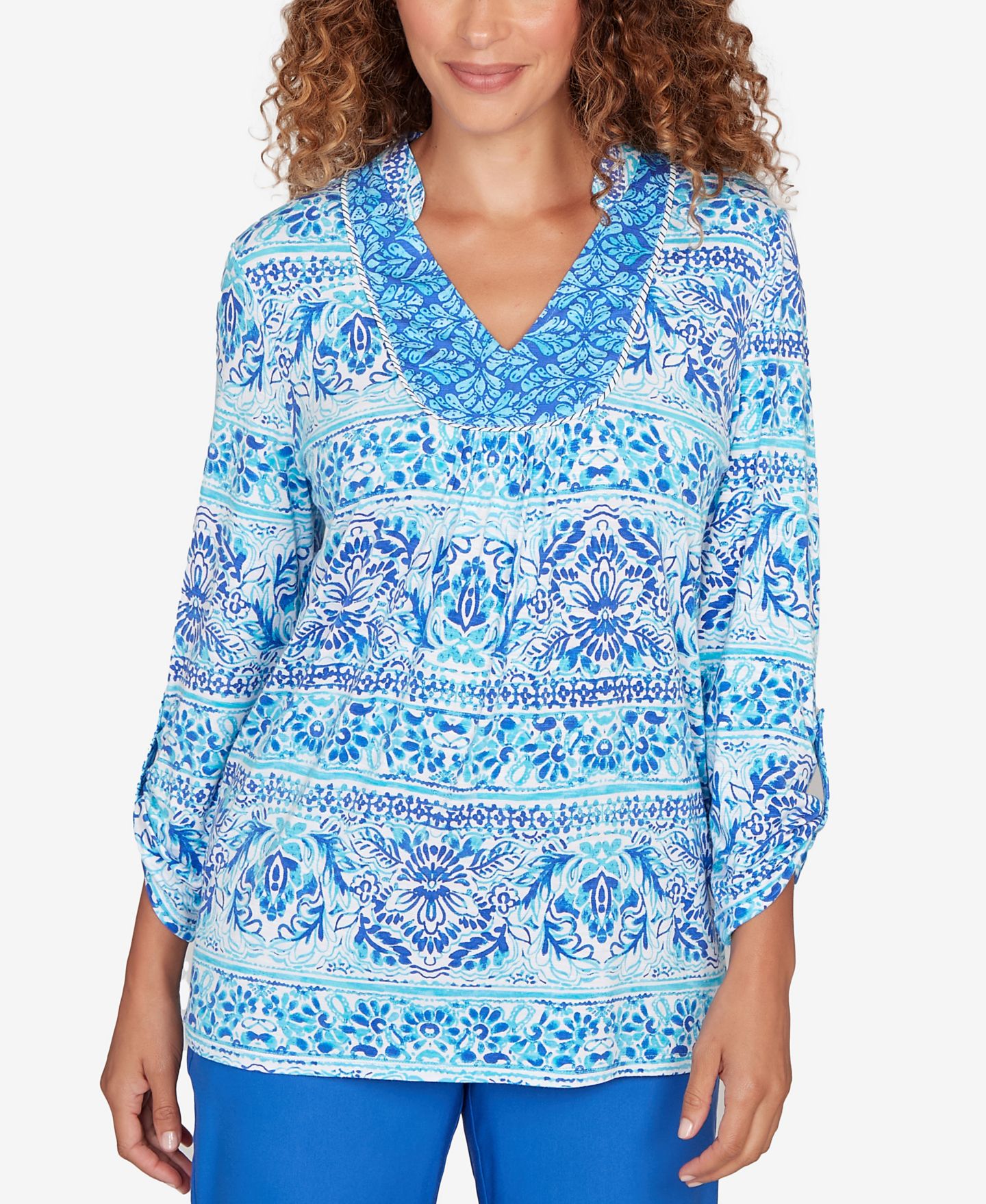 Женский топ Ruby Rd. Petite Woodblock Twin Printed Knit, цвет: Синий разноцветный — фото 1