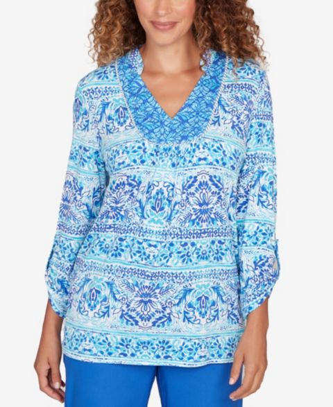 Женский топ Ruby Rd. Petite Woodblock Twin Printed Knit, цвет: Синий разноцветный