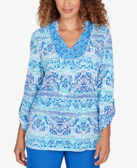 Petite Woodblock Twin Printed Knit Top - Aruba Blue Multi
