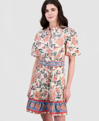 Women's Poplin Short-Sleeve Belted Border-Print Mini Dress