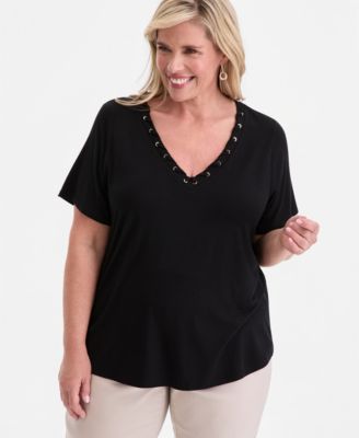 Plus Size Lace-Up V-Neck T-Shirt