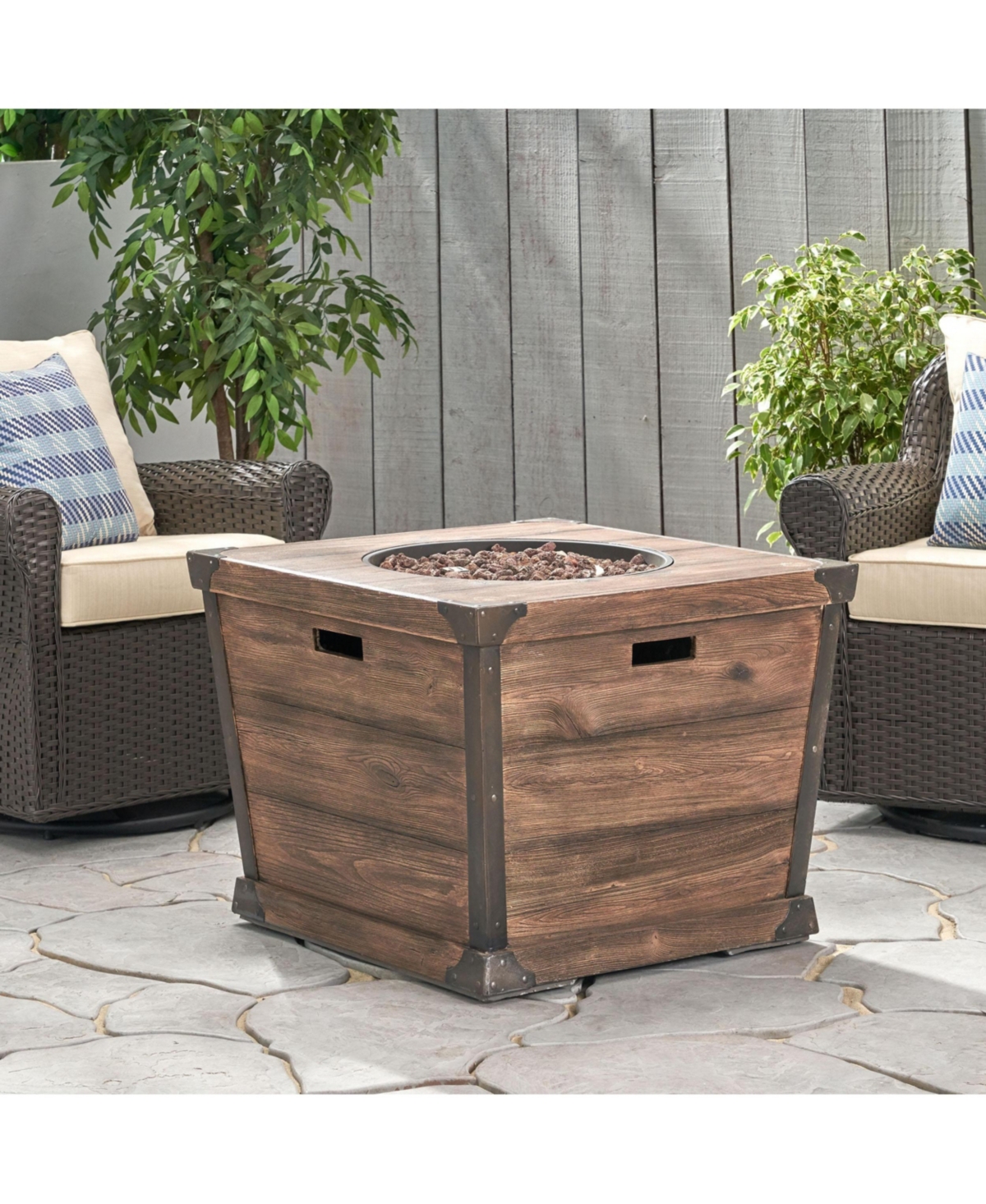 Flynama 32 Inch W 24 Inch H Square Concrete Gas Fire Pit Brown Wood Pattern 40000 Btu Tank Inside
