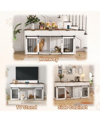 71" Double Dog Crate Furniture with Walnut Top, 3 Drawers, Outlet & Feeders