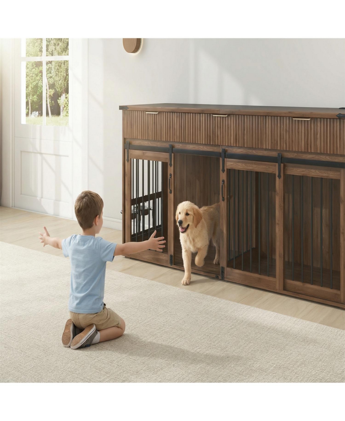 Aostirmotor 71" Double Dog Crate Furniture with Walnut Top, 3 Drawers, Outlet & Feeders