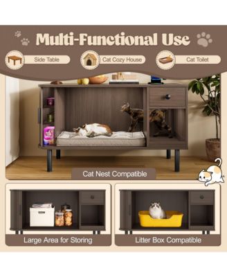 37.4" Hidden Litter Box Enclosure with Sliding Door, Drawer & Charging Station ,Brown