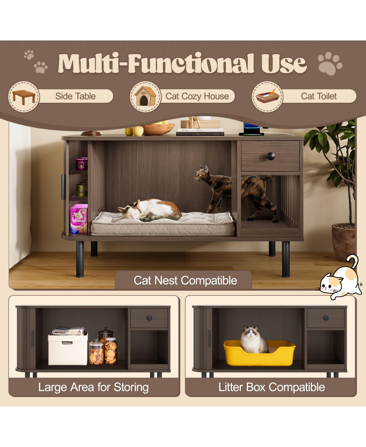 Aostirmotor 37.4" Hidden Litter Box Enclosure with Sliding Door, Drawer & Charging Station ,Brown