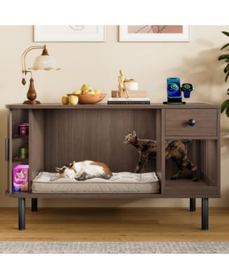 37.4" Hidden Litter Box Enclosure with Sliding Door, Drawer & Charging Station ,Brown