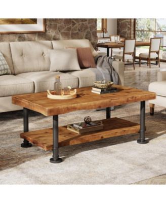 Wood Coffee Table, 2-Tier Coffee Table with Storage