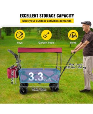 Extra Large Collapsible Garden Cart with Removable Canopy, Folding Wagon with Wheels and Rear Storage