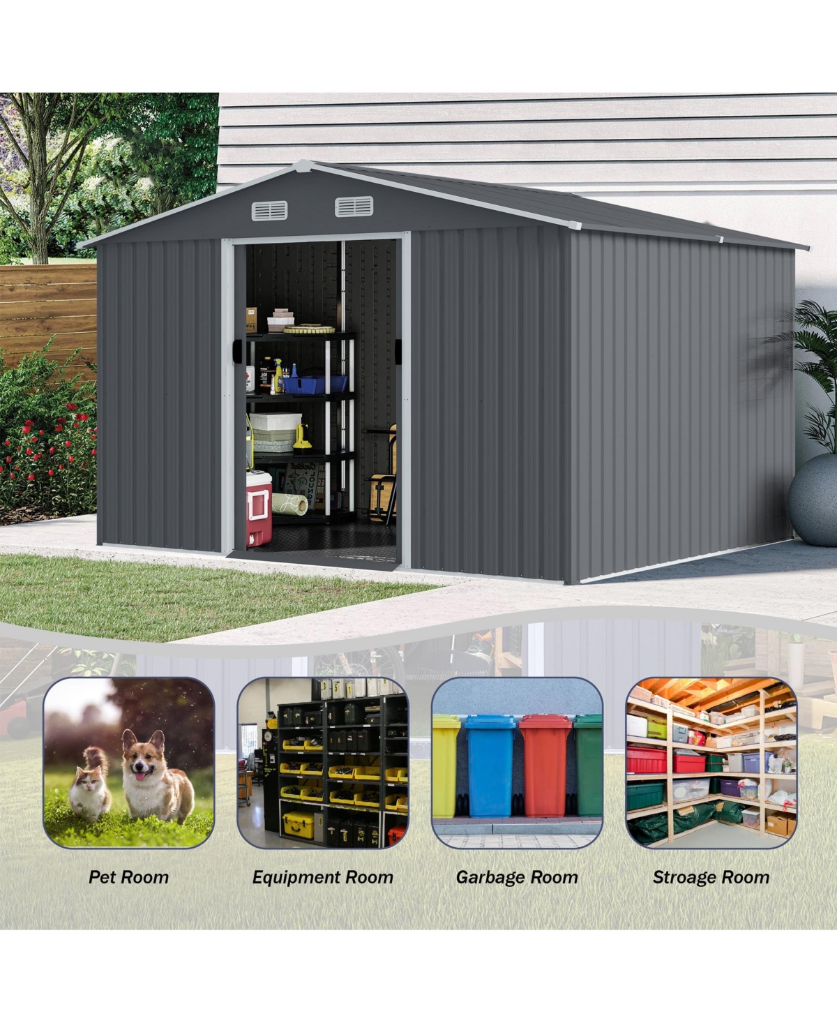 Clihome 8x10 Ft Outdoor Garden Metal Storage Shed with Sliding Doors Air Vent for Backyard Bikes Tools Grey