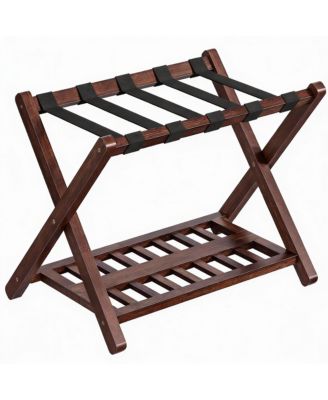 Bamboo Foldable Luggage Rack with Nylon Straps for Dual-Layer Storage
