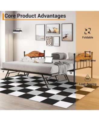 Twin Day Bed with Trundle Bed, Modern Sofa Bed Frame with Foldable Design, Metal Bed Frame & Heavy Duty Steel Slats