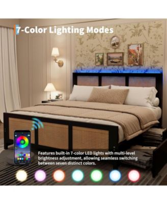  Rattan Bed Frame with Storage Drawers, Boho King Size Led Bed Frame with Strong Metal Slats Support, No Box Spring Needed, Noise-Free Design,