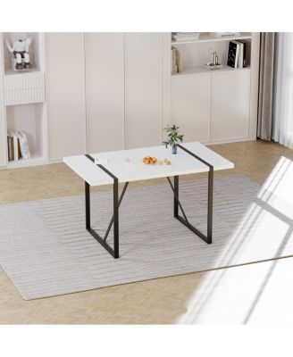  55" Modern Rural Industrial White Dining Table with Black Metal Legs