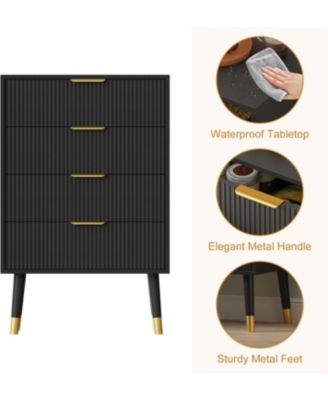 fluted 4-drawer tall dresser with gold metal handles, wooden storage chest organizer for bedroom or living room