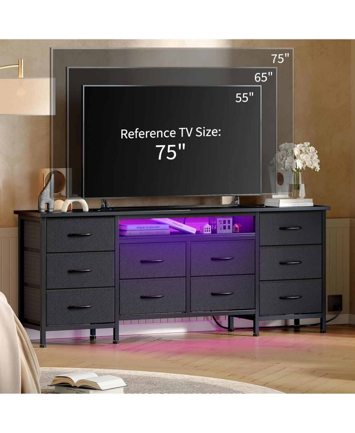 gaomon Long Dresser for Bedroom with 10 Fabric Drawers, Entertainment Center Tv Stand 65"-75" Tv - Black