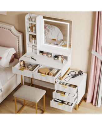 Vanity Desk Mirror and Lights Fluted Vanity Desk for Bedrooms, Apartments, Easy to Assemble