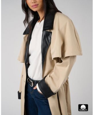 Women's Leather Trim Trench Coat