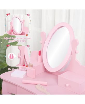Kids Vanity Set with Mirror and Stool, Girls Wooden Makeup Playset