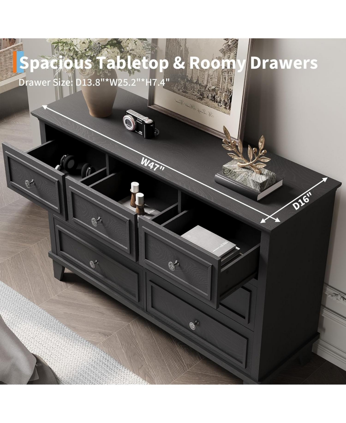 gaomon Dresser for Bedroom, 7 Drawer Dresser, Wooden Chest of Drawers with Deep Drawers, 47 in Long Dressers Tv Stand, Modern Dressers Organizer