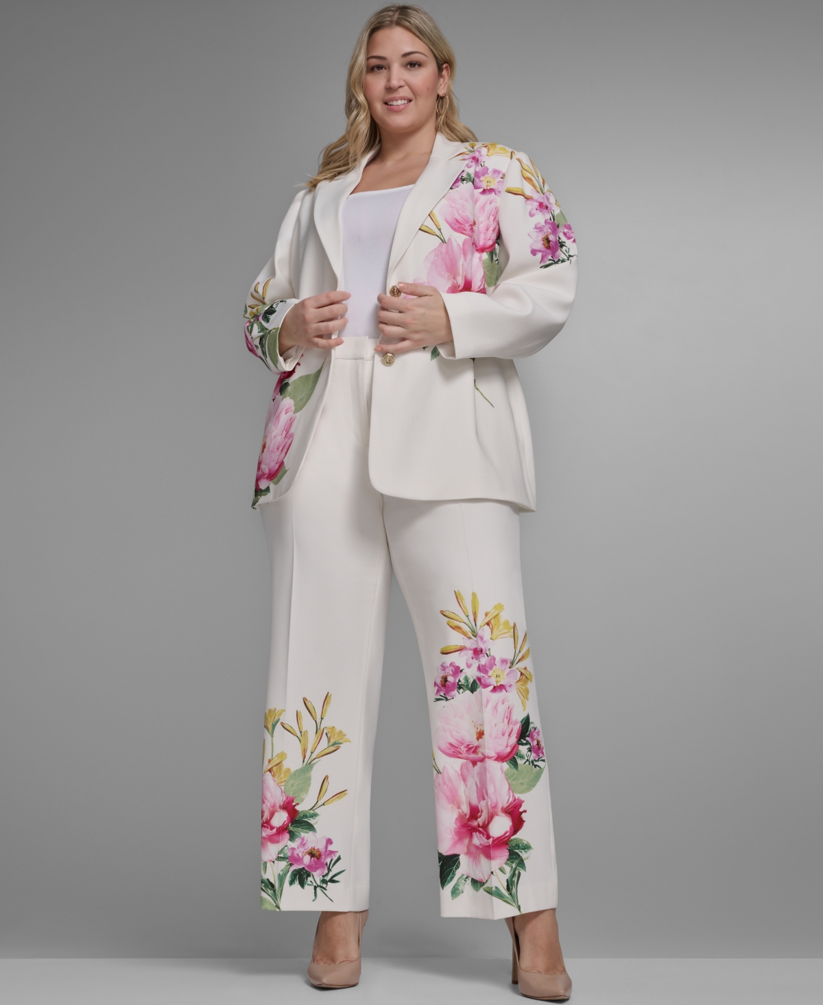 Karl Lagerfeld Paris Plus Floral Printed Long-Sleeve Blazer