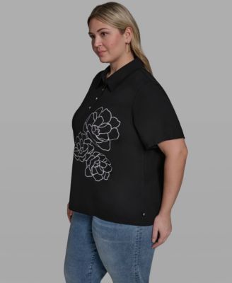 Plus Size Floral Polo Short-Sleeve Top