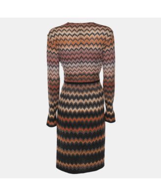 Women's Multicolor Zig Zag Print Rib Knit Long Sleeve V Neck Midi Dress